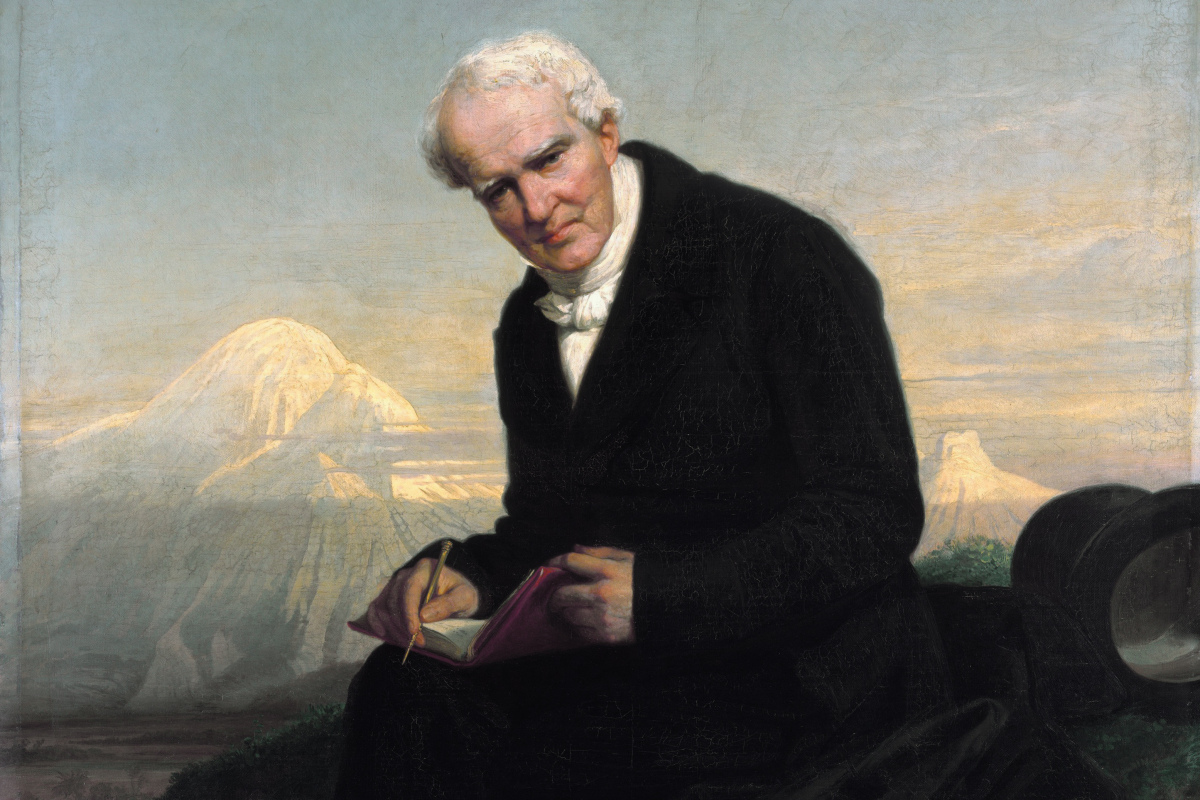 Das letzte Porträt von Alexander von Humboldt von Julius Schrader (1859). Im Hintergrund der Chimborazo.