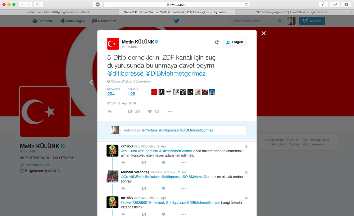 Der AKP-Abgeordnete Metin Külünk fordert DITIB-Mitglieder auf, gegen das ZDF und damit den Satiriker Böhmermann Strafanzeige zu stellen.