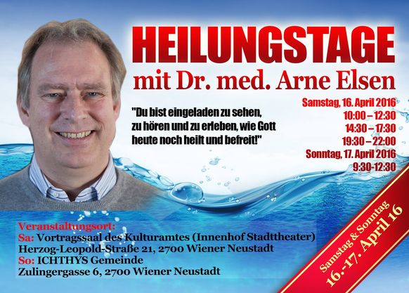 Flyer für eine Heilsveranstaltung mit Arne Elsen in Wien.