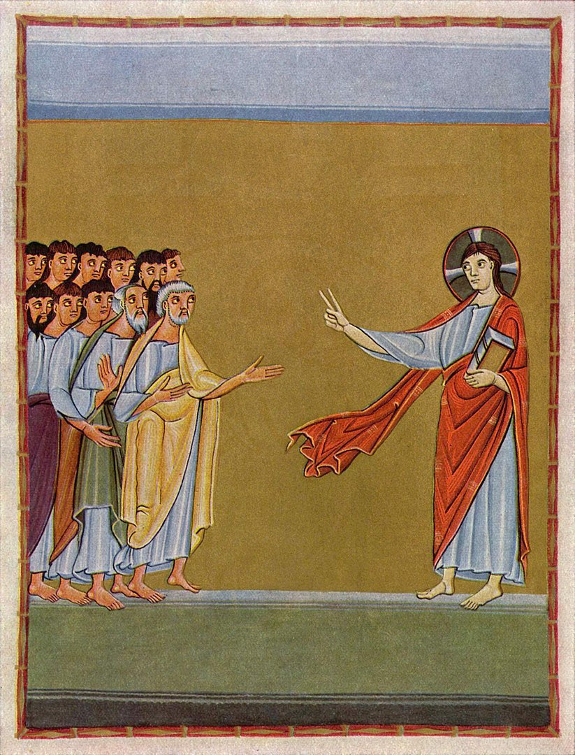 Jesus verabschiedet sich vom Kreise seiner Jünger, in dem er ihnen den Auftrag zur Mission erteilt. Der Missionsbefehl ist die Beauftragung der Jünger, in die Welt hinauszugehen. Mittelalterliche Buchmalerei vom&nbsp;Meister der Reichenauer Schule. (gemeinfrei)