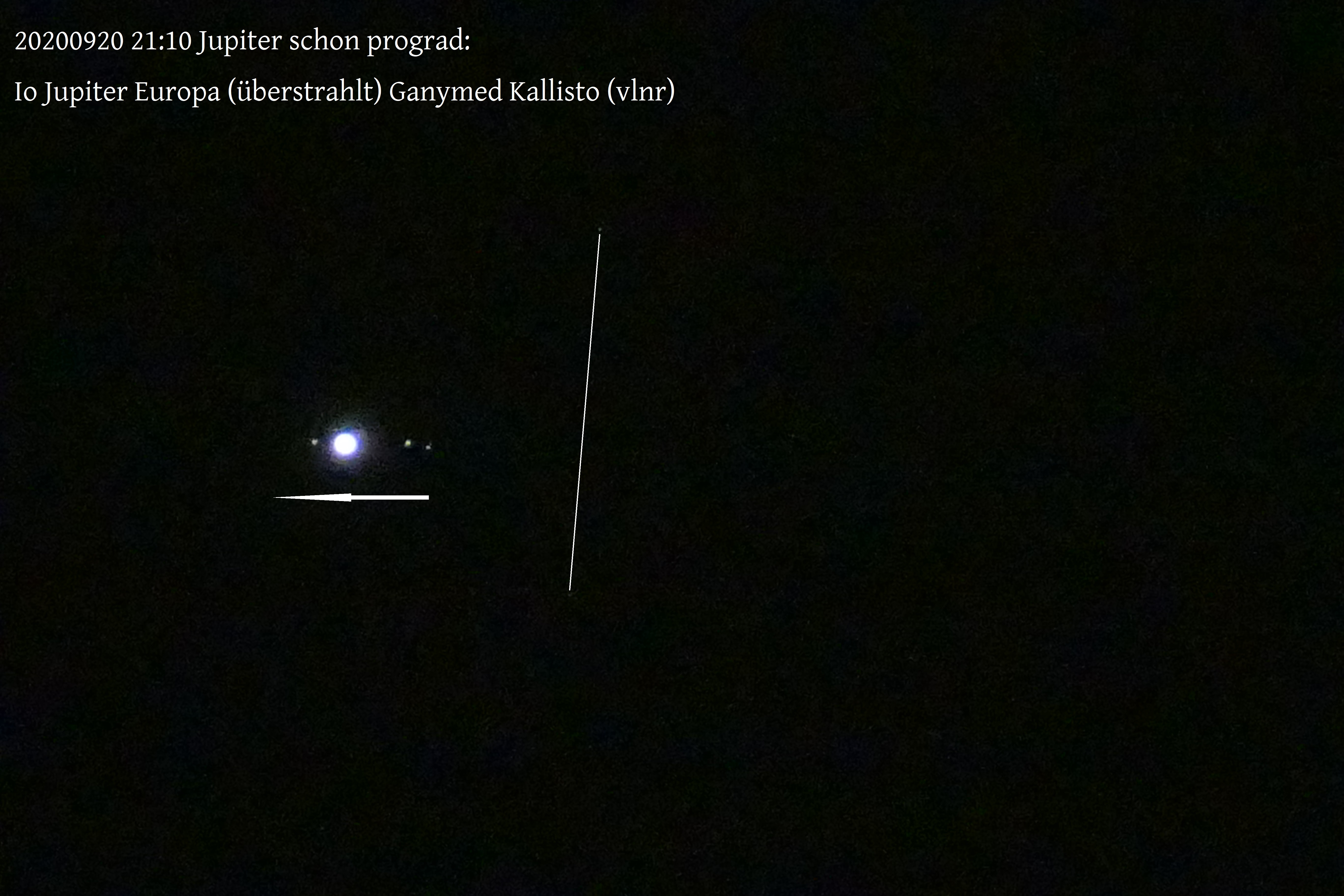 Abb. 3: Am 20.9. war deutlich sichtbar, dass Jupiter vor dem Sternenhintergrund prograd (rechtläufig) nach links gelaufen ist; vgl. Text.