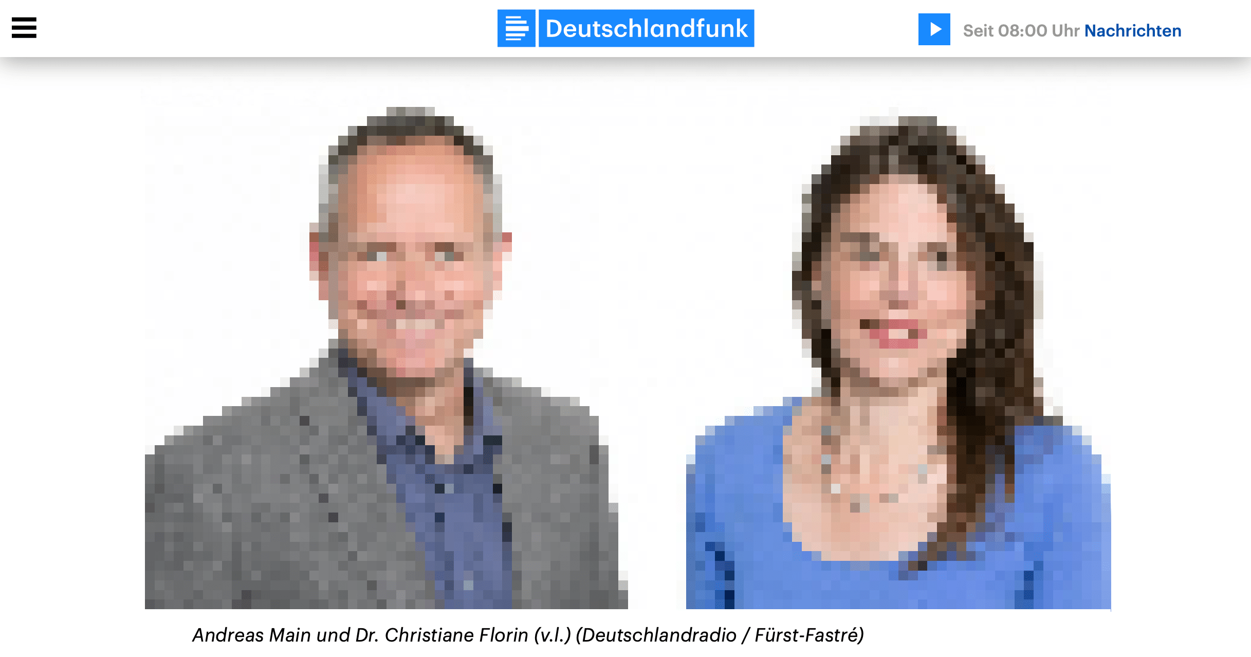 Andreas Main und Christiane Florin von der Deutschlandfunk-Redaktion “Religion und Gesellschaft“. Er studierte Theologie und war früher bei der Katholischen Nachrichtenagentur kna, sie bei der christlich-konservativen Wochenzeitung "Rheinischer Merkur" – bis die katholischen Bischöfe die Subventionen dafür einstellten. (Screenshot; Foto aus Urheberrechtsgründen verpixelt)