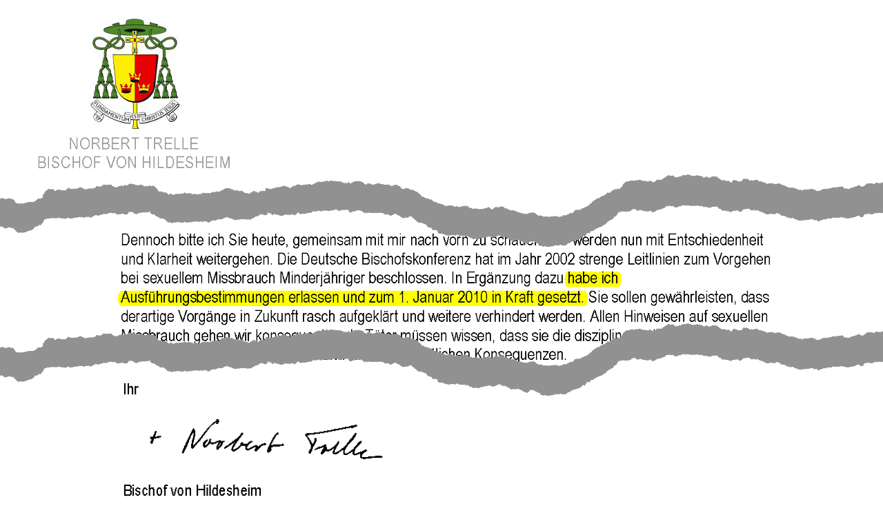 Lüge auf bischöflichem Briefbogen: Die Ausführungsbestimmungen traten erst am 17. Februar 2010 in Kraft – nach Bekanntwerden des Missbrauchsskandals, nicht vorher.
