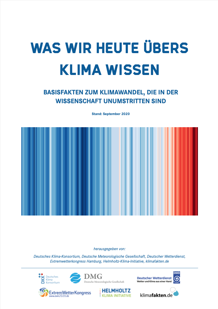 Die Abbildung auf dem Titelblatt zeigt die sogenannten "Warming Stripes" für den Zeitraum 1850 bis 2019 – jeder Streifen steht für ein Jahr, die Farbe richtet sich nach der globalen Mitteltemperatur des jeweiligen Jahres, dabei steht Blau für kühl, Rot für warm; Grafik: Ed Hawkins/www.showyourstripes.info