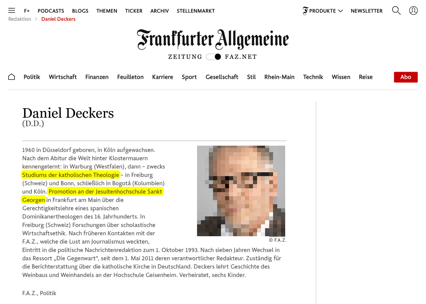 Promovierter Theologe mit sechs Kindern: FAZ-Redakteur Daniel Deckers. (Foto aus urheberrechtlichen Gründen verpixelt.)
