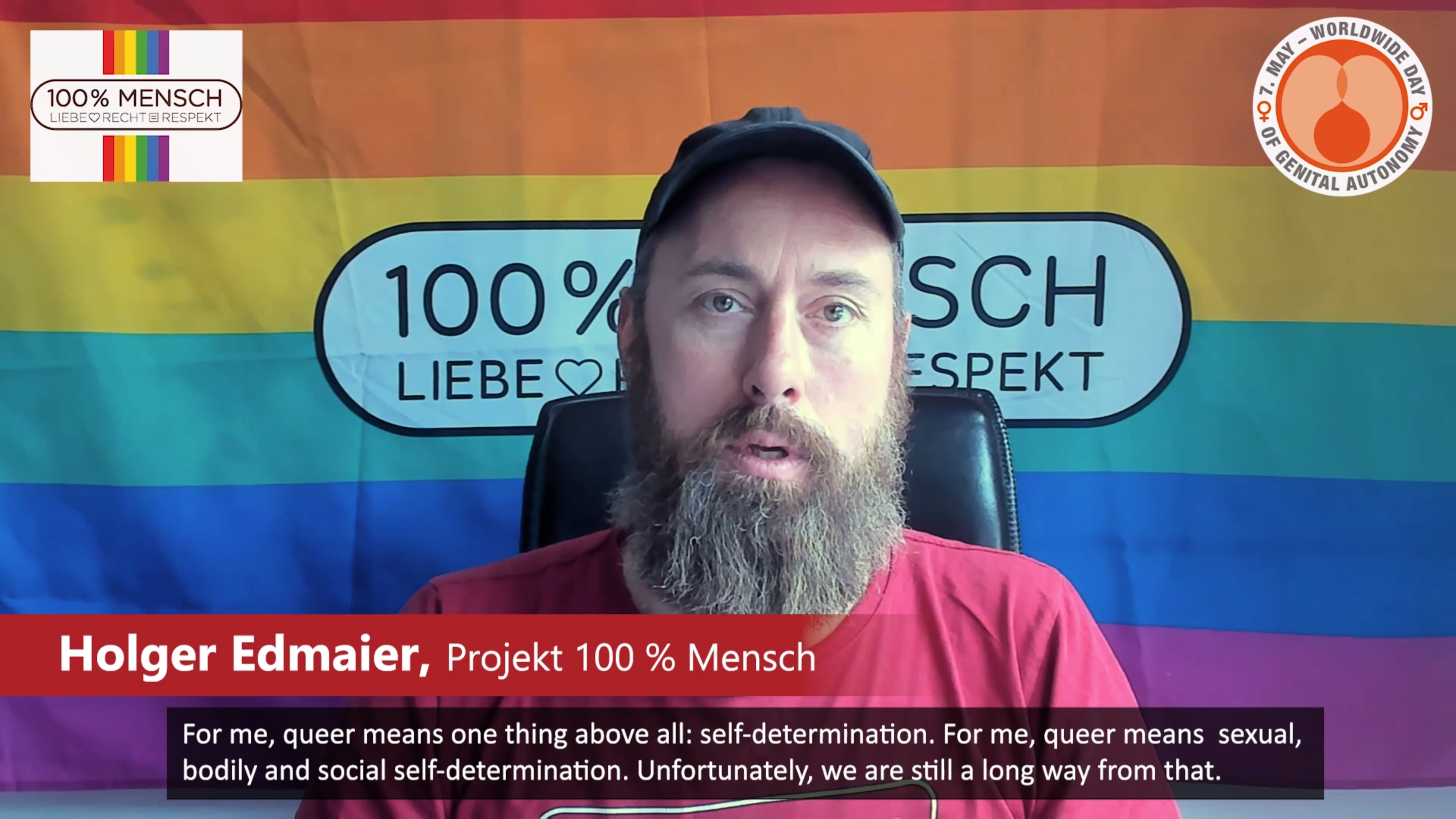 Holger Edmaier (Projekt 100% Mensch): „Queer heißt für mich Selbstbestimmung. Und somit ist für mich der Kampf um das Recht auf genitale Selbstbestimmung für alle Kindern ein zutiefst queeres Anliegen.“