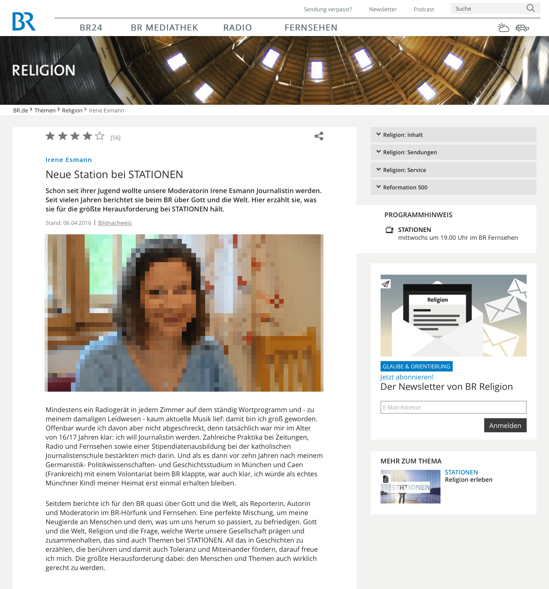 Trotz Stipendiatenausbildung bei der katholischen Journalistenschule nicht in der Lage, eine kirchliche Vorlage fehlerfrei umzusetzen: BR-Reporterin Irene Esmann. (Foto aus urheberrechtlichen Gründen verpixelt.)