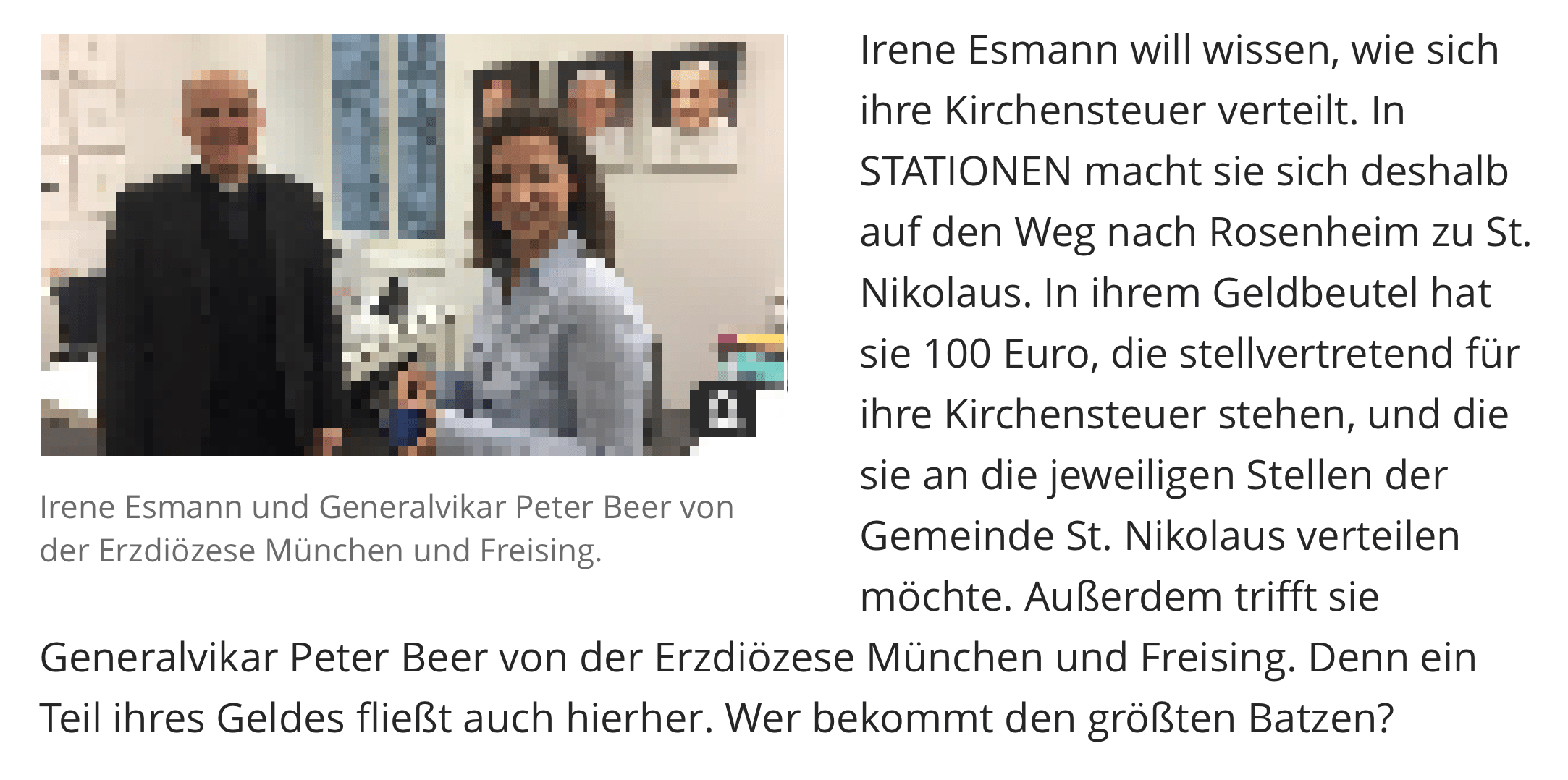 Irene Esmann wollte wissen, wie sich die Kirchensteuer verteilt. Dass es sich bei den Zahlen des Erzbistums München, die sie für ihren Beitrag verwendete, gar nicht um die Verwendung der Kirchensteuer handelte, hat ihr Generalvikar Beer offenbar nicht erklärt. (Screenshot; Foto aus urheberrechtlichen Gründen verpixelt.)