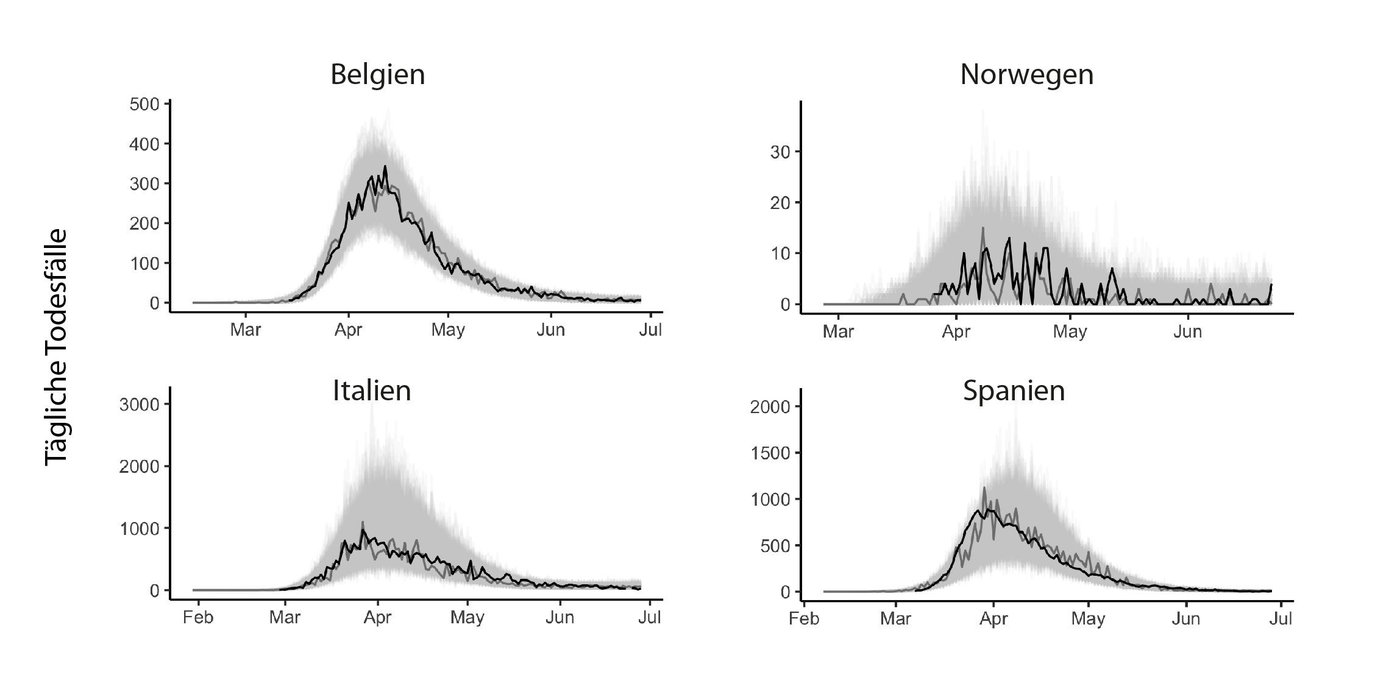 Ihr mathematisches Modell haben Forscher mit den Pandemiedaten von vier Ländern überprüft. Die schwarze Linie zeigt die tatsächlichen täglichen Todesfälle, in hellgrau sind die Vorhersagen von jeweils 1000 Simulationen des Modells dargestellt, die dunkelgraue Linie zeichnet eine einzelne Vorhersage nach.   © MPI f. Infektionsbiologie