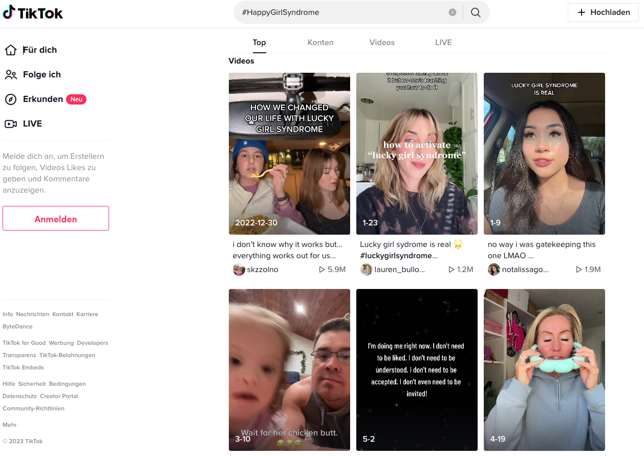 Screenshot TikTok mit dem Suchbegriff "#HappyGirlSyndrome" (25.05.2023)