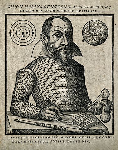 Simon Marius auf einem Holzschnitt 1614, Wikipedia, CC BY 4.0