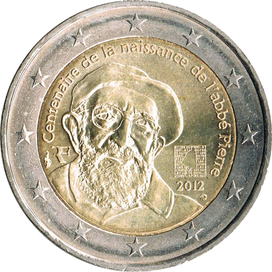 2-Euro-Gedenkmünze&nbsp;„100. Geburtstag von&nbsp;Abbé Pierre“&nbsp;Frankreich&nbsp;2012, gemeinfrei