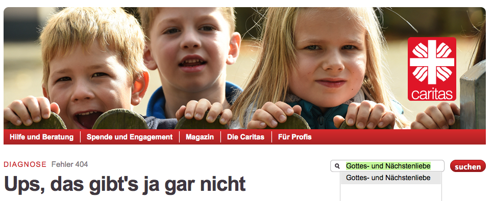 Screenshot der Caritas-Webseite – man beachte das Suchwort