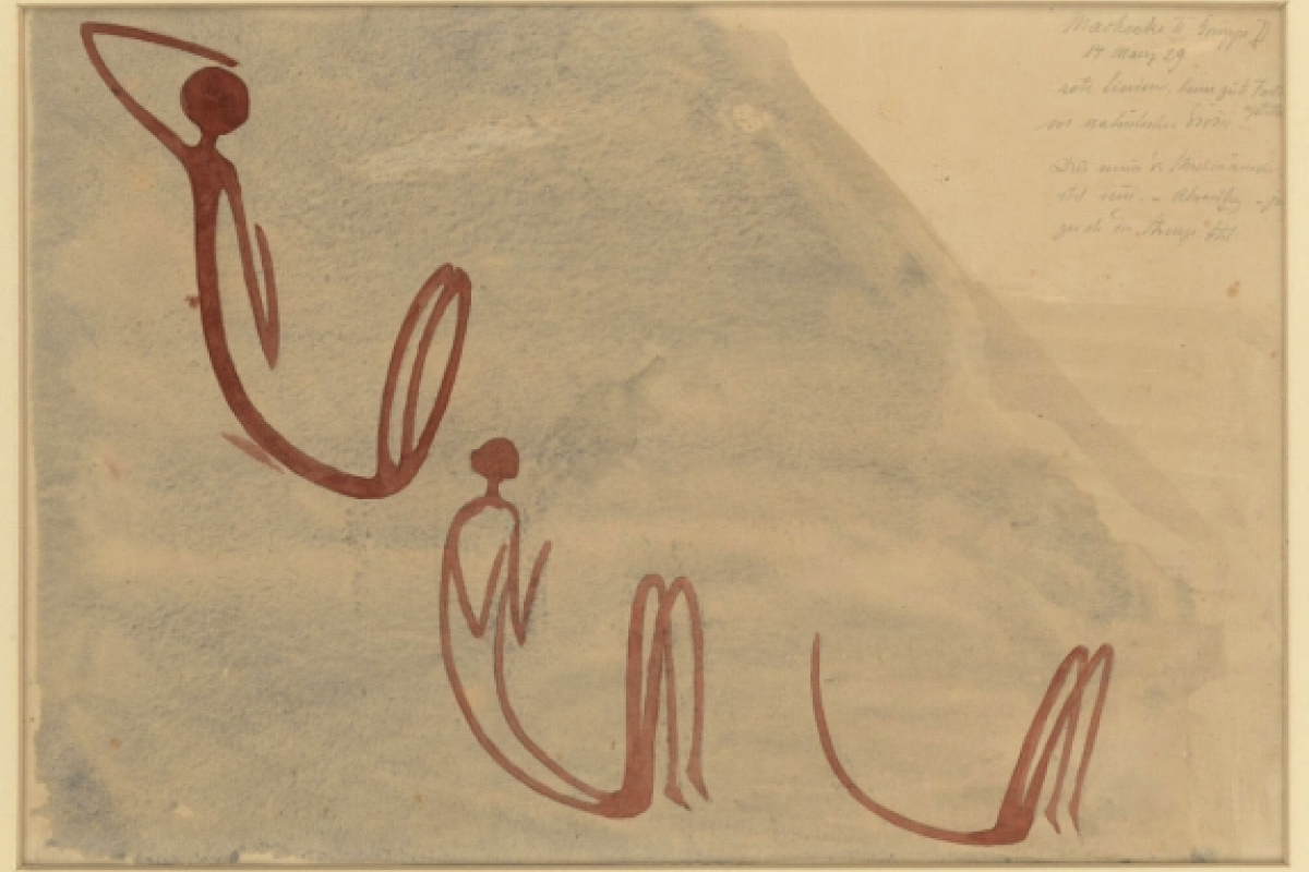 Drei hockende Gestalten - S imbabwe Macheke, 8000 - 2000 v.d.Z., Aquarrel von Leo Frobenius (1929)