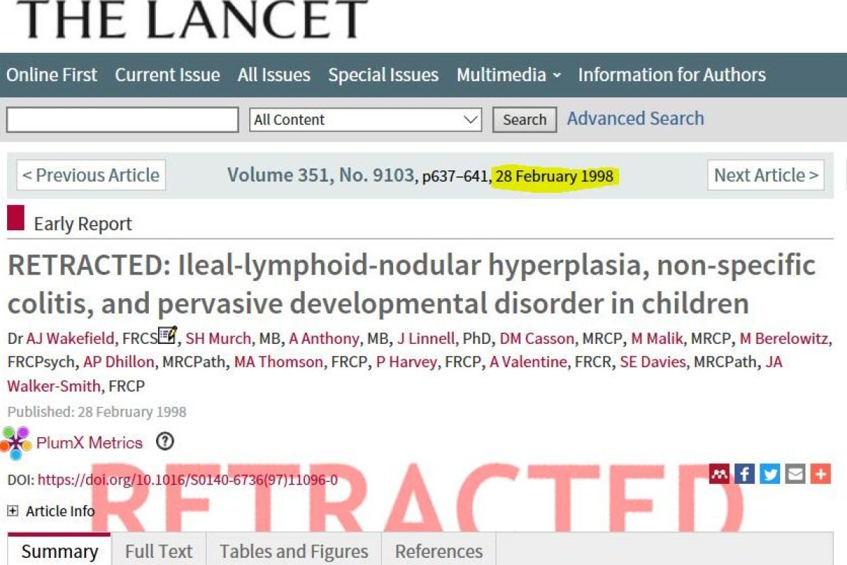 Screenshot aus dem Lancet mit dem berühmten "RETRACTED"-Vermerk auf der Wakefield-Veröffentlichung